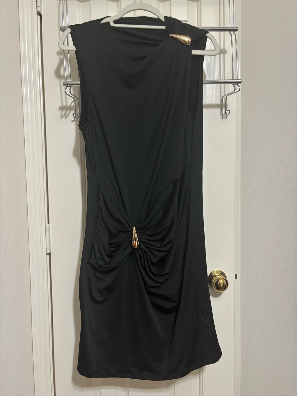 MICAS Sleeveless Black Midi Dress with Gold Teardrop Accents